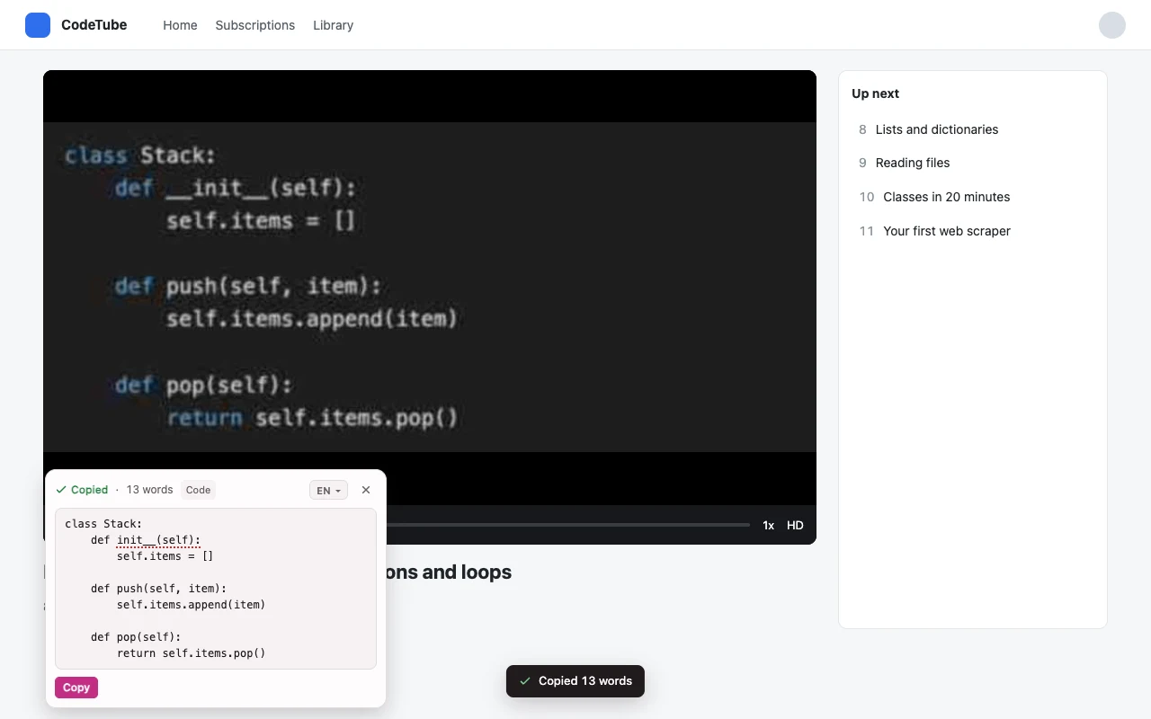 A Python lesson video. The recognized code is in a card with its indentation and a Code label.