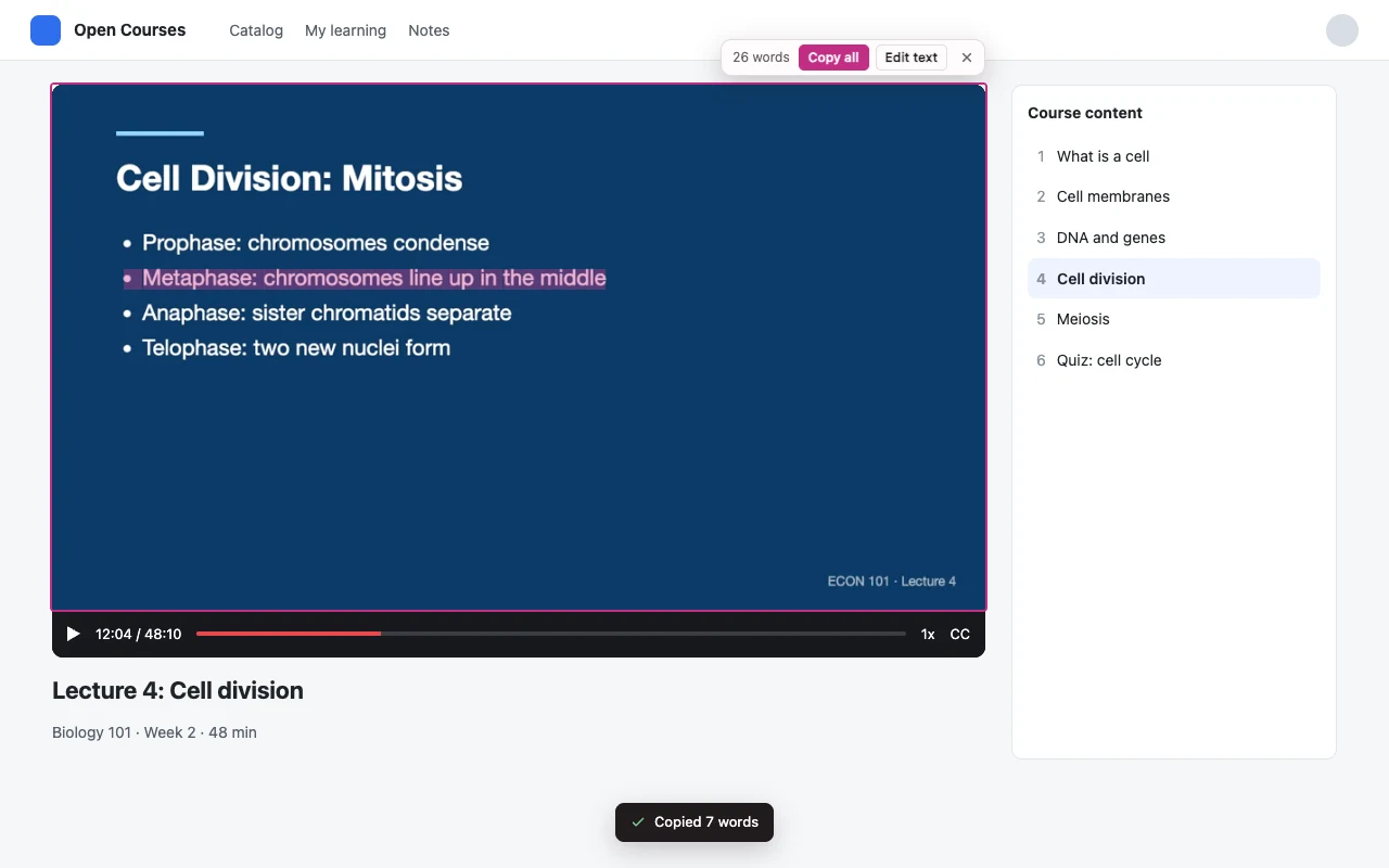 A paused lecture video about cell division. Image to Text has put selectable text over the frame, one bullet point is selected, and a message says Copied 7 words.