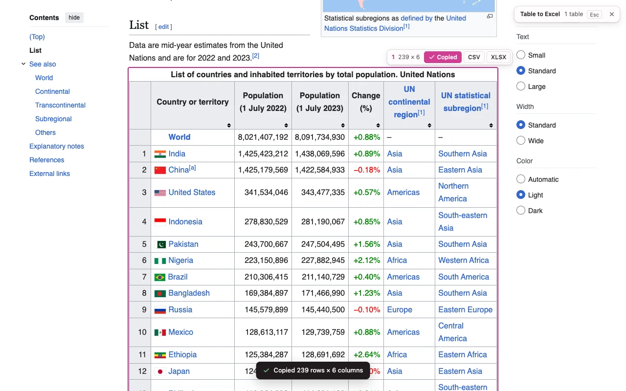 Table to Excel on a Wikipedia page: the population table has a frame with Copy, CSV and XLSX buttons.